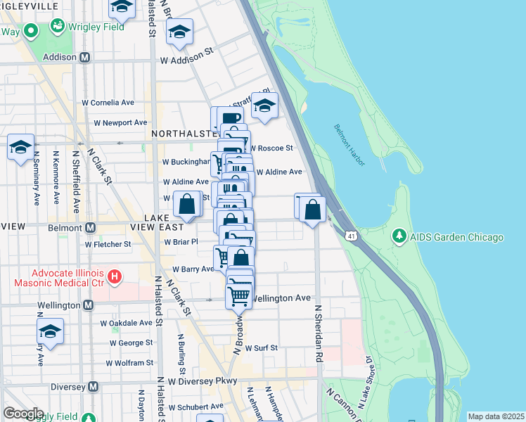map of restaurants, bars, coffee shops, grocery stores, and more near 510 West Belmont Avenue in Chicago