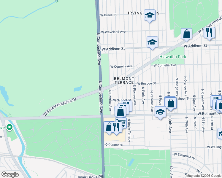 map of restaurants, bars, coffee shops, grocery stores, and more near 3322 North Plainfield Avenue in Chicago