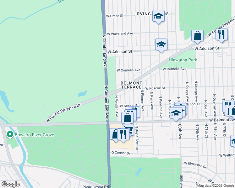 map of restaurants, bars, coffee shops, grocery stores, and more near 3322 North Plainfield Avenue in Chicago