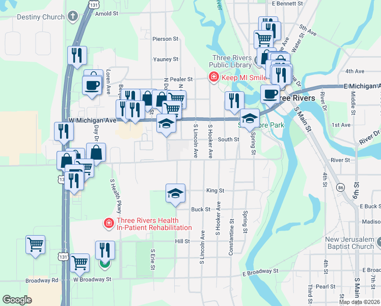 map of restaurants, bars, coffee shops, grocery stores, and more near 620 Millard Street in Three Rivers