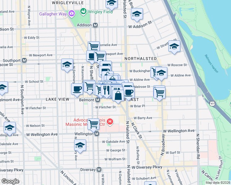 map of restaurants, bars, coffee shops, grocery stores, and more near 901 West Belmont Avenue in Chicago