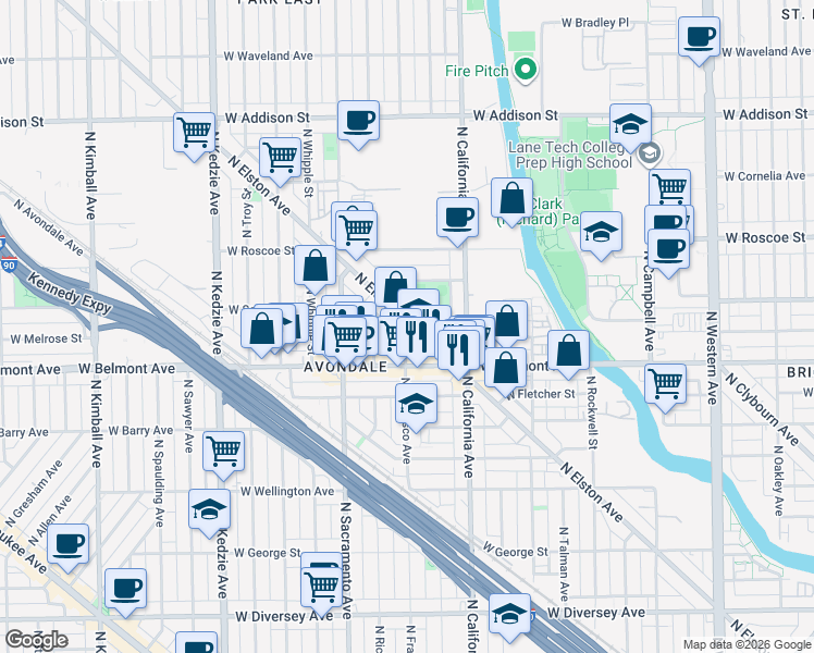 map of restaurants, bars, coffee shops, grocery stores, and more near 3216 North Francisco Avenue in Chicago