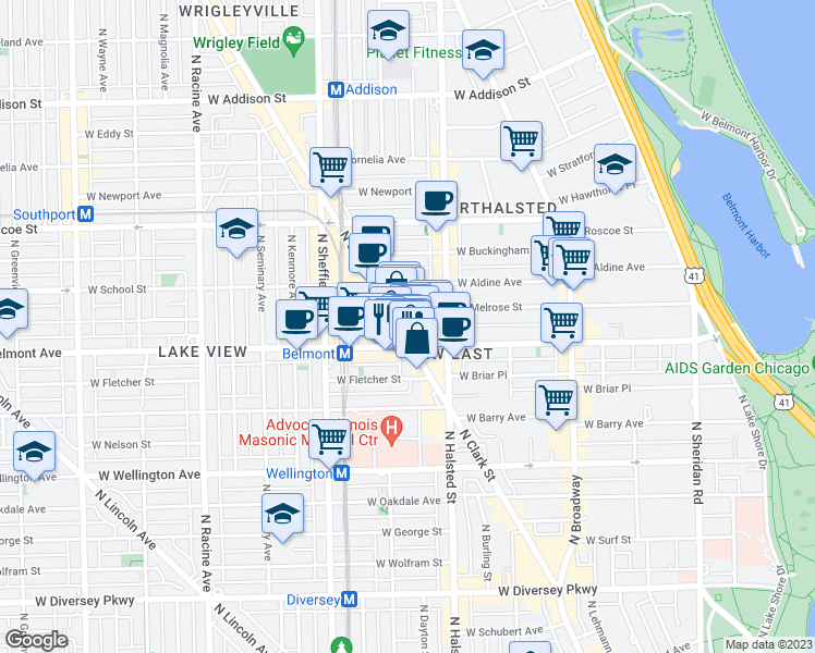 map of restaurants, bars, coffee shops, grocery stores, and more near 3217 North Clark Street in Chicago