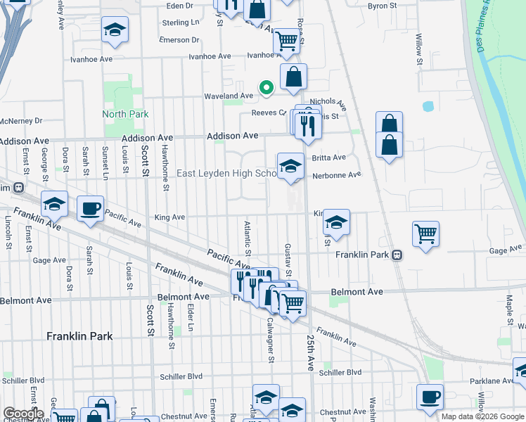 map of restaurants, bars, coffee shops, grocery stores, and more near 3342 Calwagner Street in Franklin Park