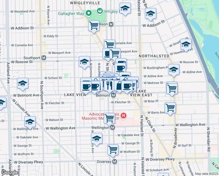 map of restaurants, bars, coffee shops, grocery stores, and more near 3221 N. Sheffield in Chicago