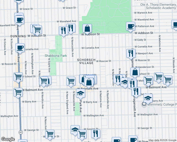 map of restaurants, bars, coffee shops, grocery stores, and more near 3258 North Normandy Avenue in Chicago