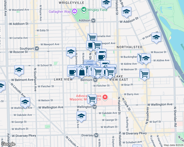 map of restaurants, bars, coffee shops, grocery stores, and more near 3221 North Sheffield Avenue in Chicago