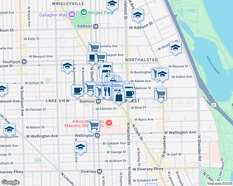 map of restaurants, bars, coffee shops, grocery stores, and more near 901 West Belmont Avenue in Chicago