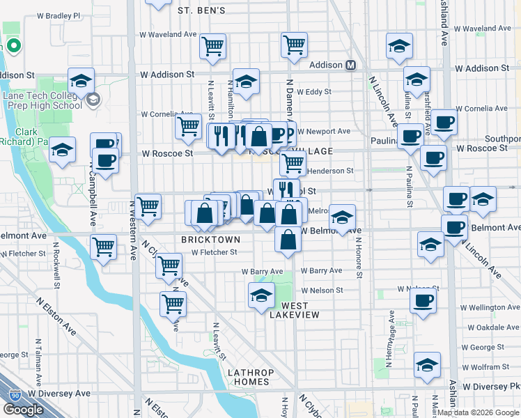 map of restaurants, bars, coffee shops, grocery stores, and more near 3214 North Hoyne Avenue in Chicago