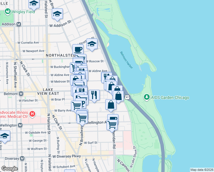 map of restaurants, bars, coffee shops, grocery stores, and more near 421 West Belmont Avenue in Chicago