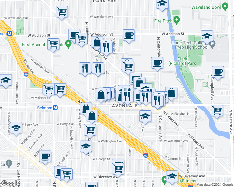 map of restaurants, bars, coffee shops, grocery stores, and more near 3241 North Whipple Street in Chicago