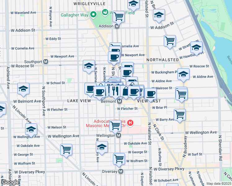 map of restaurants, bars, coffee shops, grocery stores, and more near 3221 N. Sheffield in Chicago