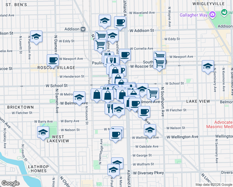 map of restaurants, bars, coffee shops, grocery stores, and more near 1645 West Melrose Street in Chicago
