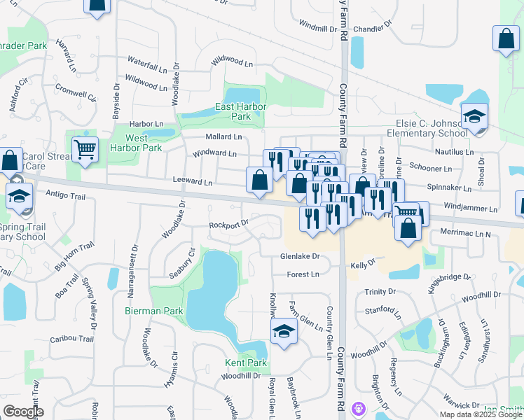 map of restaurants, bars, coffee shops, grocery stores, and more near 1033 Rockport Drive in Carol Stream