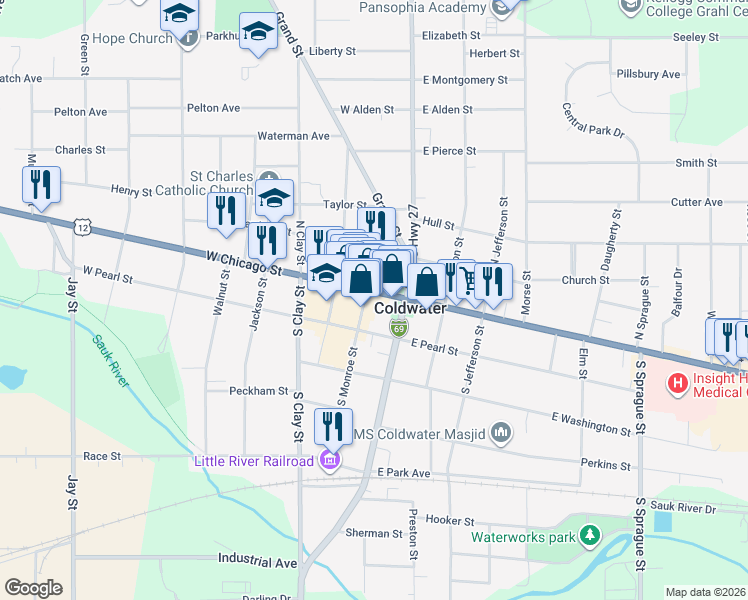 map of restaurants, bars, coffee shops, grocery stores, and more near 23 South Monroe Street in Coldwater