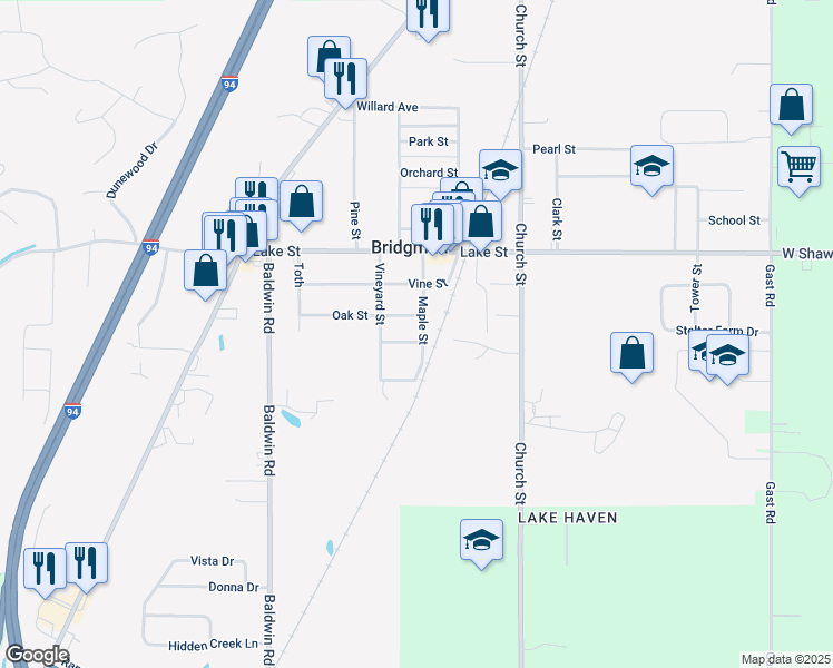 map of restaurants, bars, coffee shops, grocery stores, and more near 9880 Maple Street in Bridgman