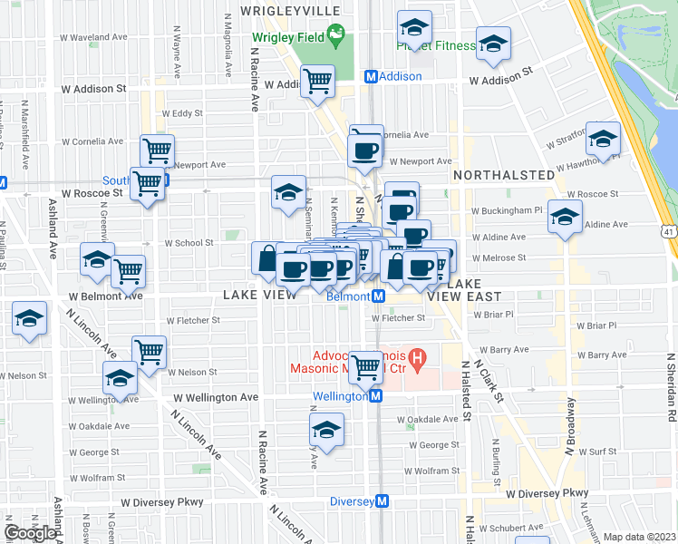 map of restaurants, bars, coffee shops, grocery stores, and more near 1034 West Belmont Avenue in Chicago