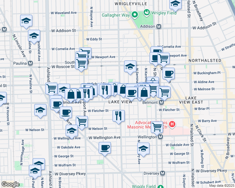 map of restaurants, bars, coffee shops, grocery stores, and more near 1224 West Belmont Avenue in Chicago