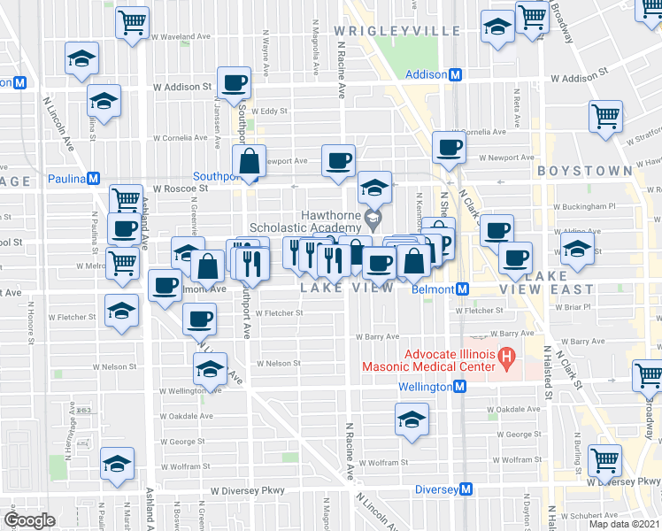 map of restaurants, bars, coffee shops, grocery stores, and more near 1224 West Belmont Avenue in Chicago