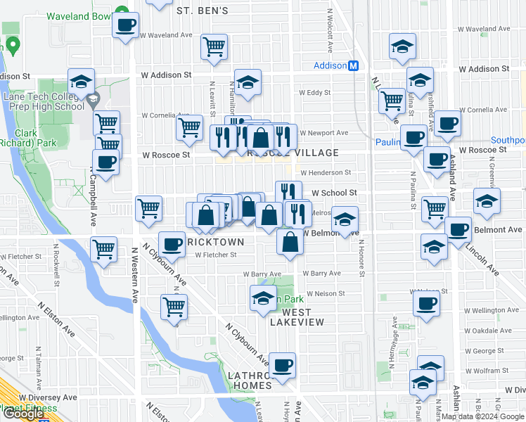 map of restaurants, bars, coffee shops, grocery stores, and more near 3214 North Hoyne Avenue in Chicago