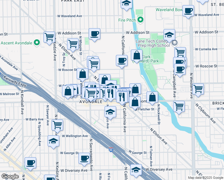 map of restaurants, bars, coffee shops, grocery stores, and more near 3225 North Elston Avenue in Chicago