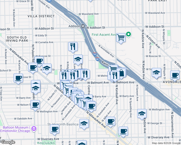 map of restaurants, bars, coffee shops, grocery stores, and more near 3225 North Central Park Avenue in Chicago