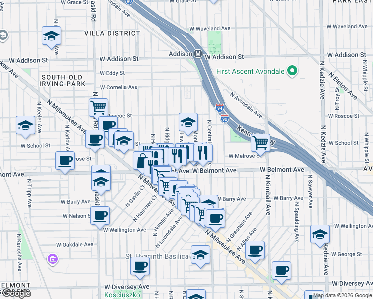 map of restaurants, bars, coffee shops, grocery stores, and more near 3224 North Lawndale Avenue in Chicago