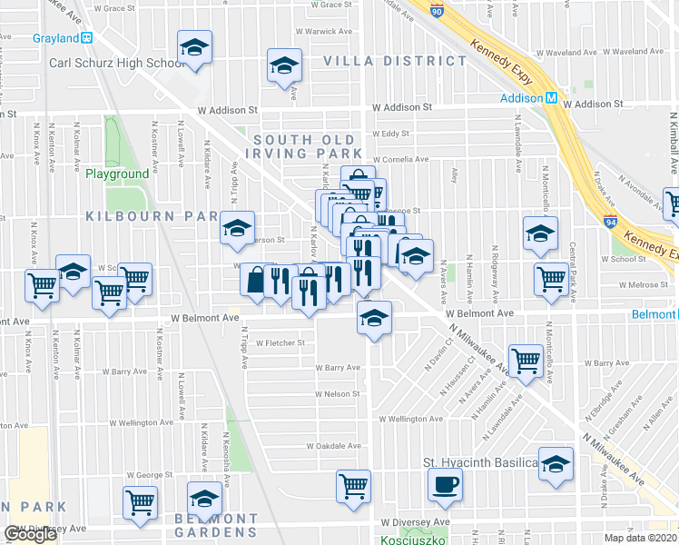 map of restaurants, bars, coffee shops, grocery stores, and more near 4047 West Melrose Street in Chicago