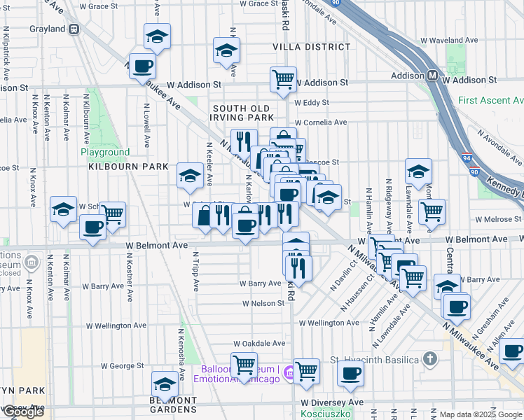 map of restaurants, bars, coffee shops, grocery stores, and more near 4047 West Melrose Street in Chicago
