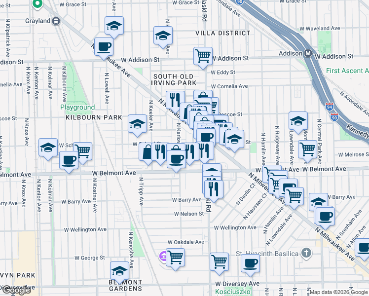 map of restaurants, bars, coffee shops, grocery stores, and more near 4047 West Melrose Street in Chicago
