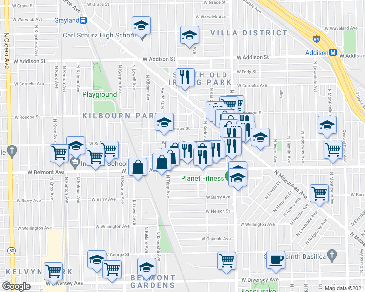 map of restaurants, bars, coffee shops, grocery stores, and more near 3239 North Keeler Avenue in Chicago