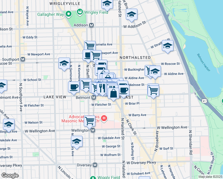 map of restaurants, bars, coffee shops, grocery stores, and more near 901 West Belmont Avenue in Chicago