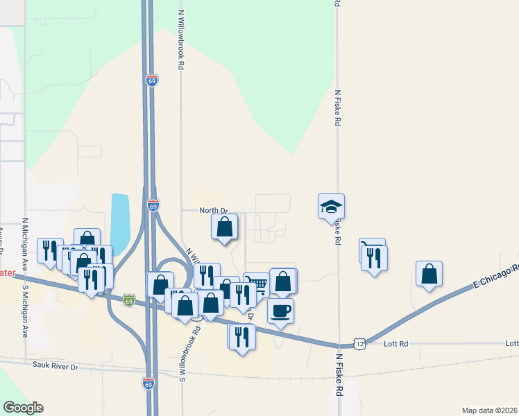 map of restaurants, bars, coffee shops, grocery stores, and more near 218 Carriage Circle in Coldwater