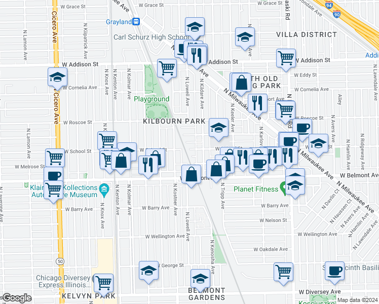 map of restaurants, bars, coffee shops, grocery stores, and more near 4327 West School Street in Chicago