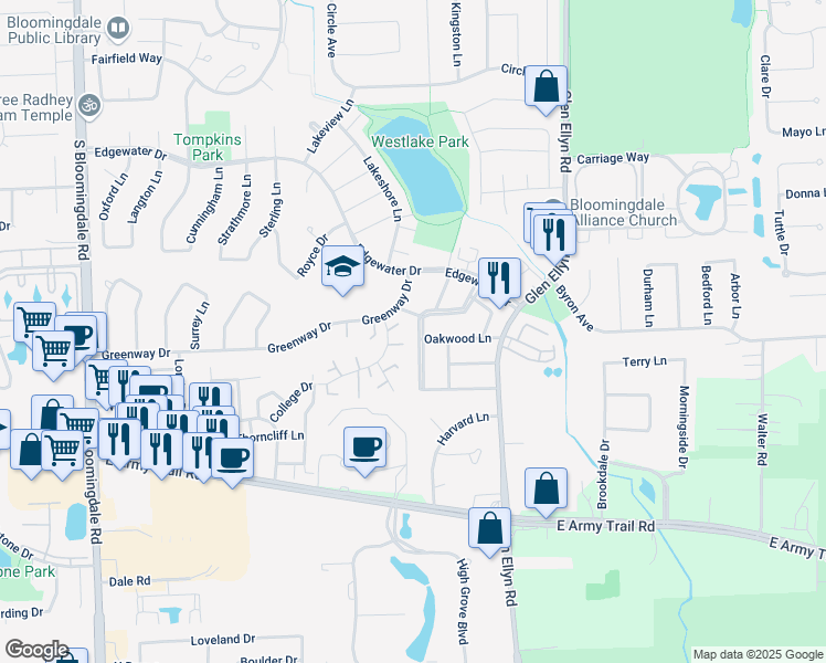 map of restaurants, bars, coffee shops, grocery stores, and more near 326 Colony Green Drive in Bloomingdale