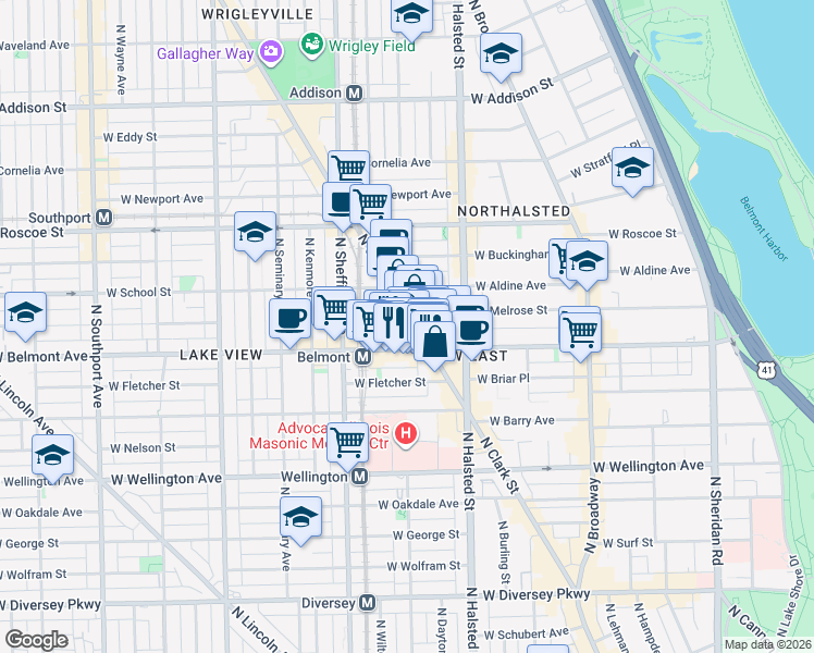 map of restaurants, bars, coffee shops, grocery stores, and more near 3230 North Clark Street in Chicago