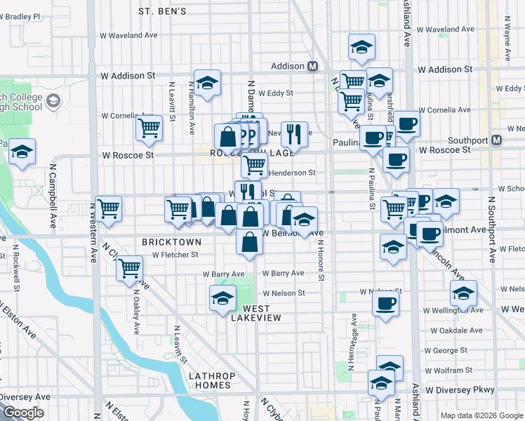 map of restaurants, bars, coffee shops, grocery stores, and more near 1950 West Melrose Street in Chicago