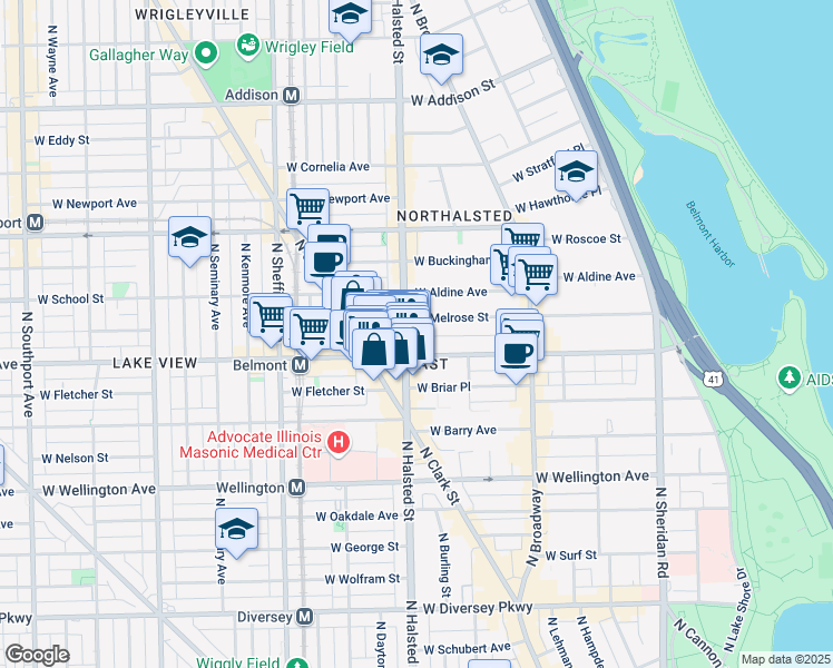 map of restaurants, bars, coffee shops, grocery stores, and more near 3219 North Halsted Street in Chicago