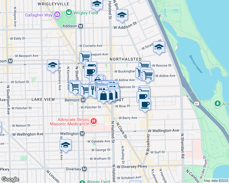 map of restaurants, bars, coffee shops, grocery stores, and more near 3219 North Halsted Street in Chicago