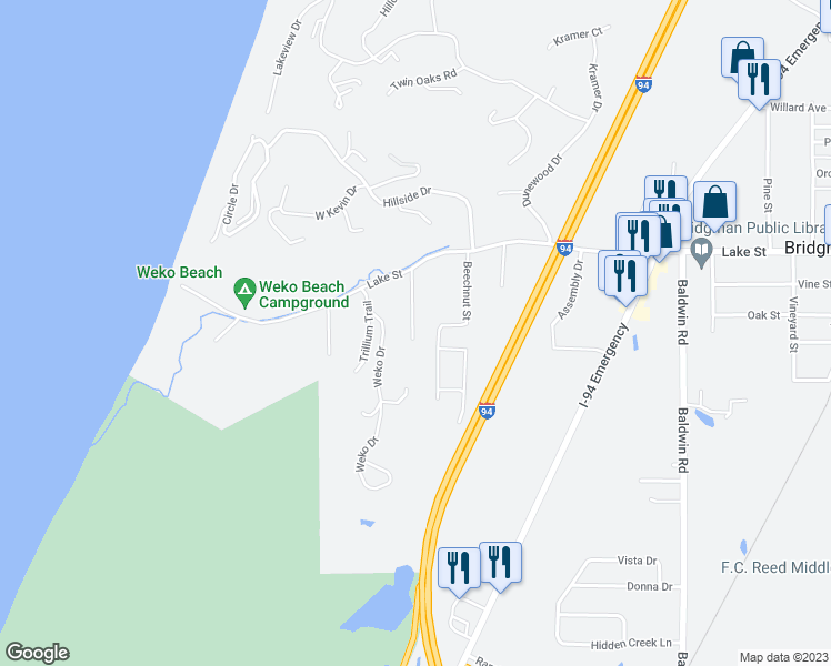 map of restaurants, bars, coffee shops, grocery stores, and more near 9797 Evergreen Drive in Bridgman
