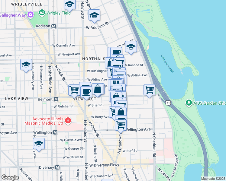 map of restaurants, bars, coffee shops, grocery stores, and more near 619 West Melrose Street in Chicago