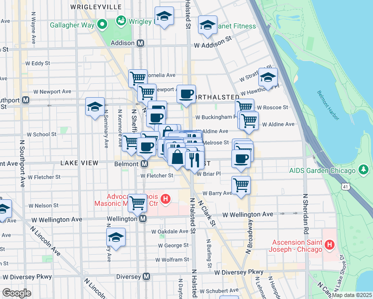 map of restaurants, bars, coffee shops, grocery stores, and more near 3220 North Halsted Street in Chicago