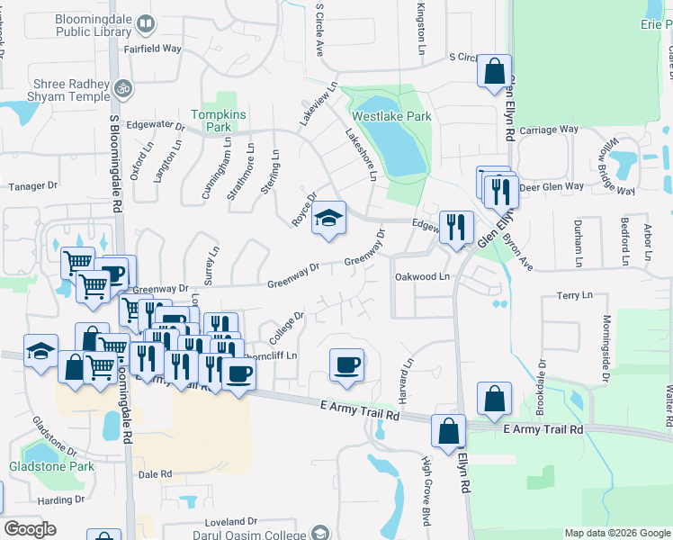 map of restaurants, bars, coffee shops, grocery stores, and more near 312 Lincoln Court in Bloomingdale