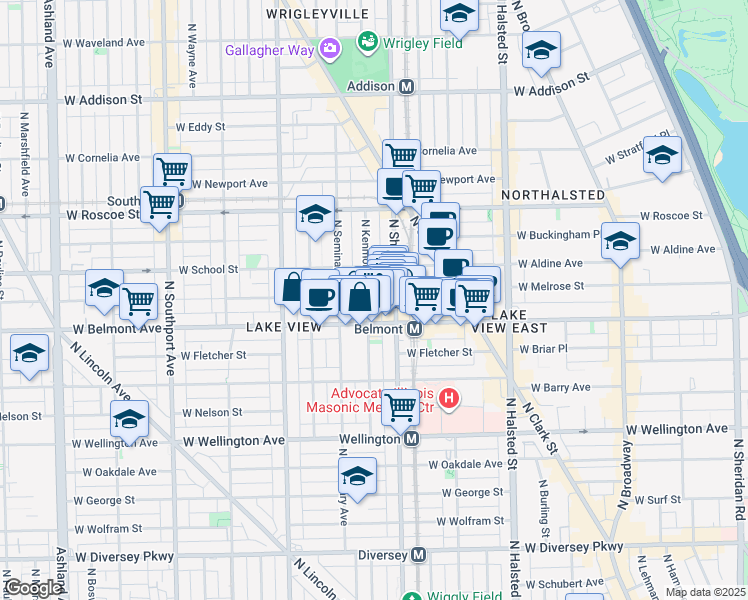 map of restaurants, bars, coffee shops, grocery stores, and more near 1034 West Belmont Avenue in Chicago