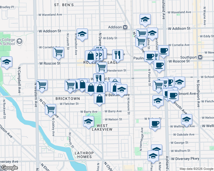 map of restaurants, bars, coffee shops, grocery stores, and more near 1938 West Melrose Street in Chicago