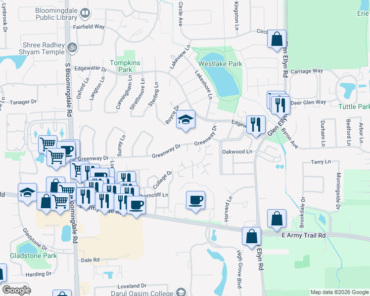 map of restaurants, bars, coffee shops, grocery stores, and more near 315 Indiana Court in Bloomingdale