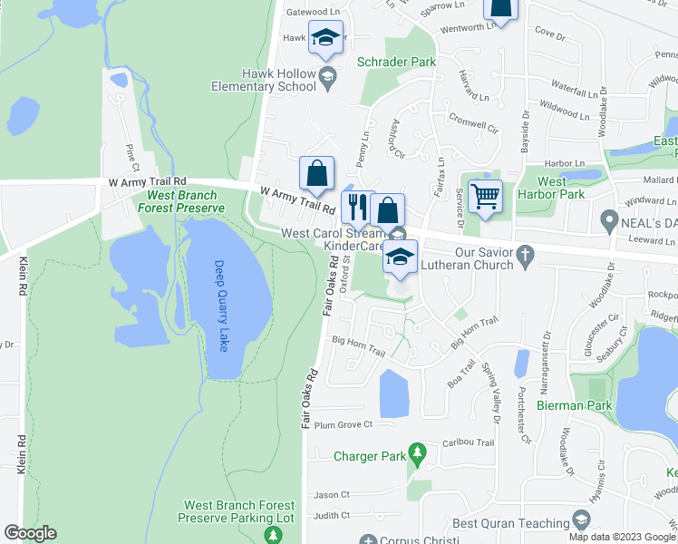 map of restaurants, bars, coffee shops, grocery stores, and more near 1468 Oxford Street in Carol Stream