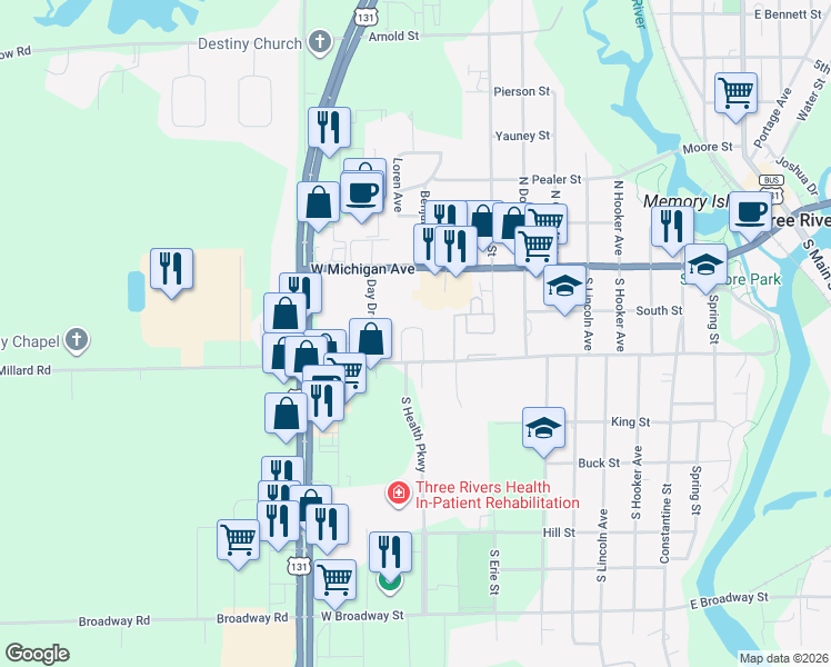 map of restaurants, bars, coffee shops, grocery stores, and more near 1105 Millard Street in Three Rivers