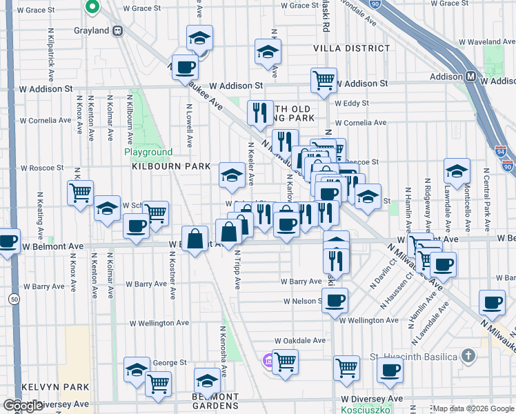 map of restaurants, bars, coffee shops, grocery stores, and more near 4151 West School Street in Chicago