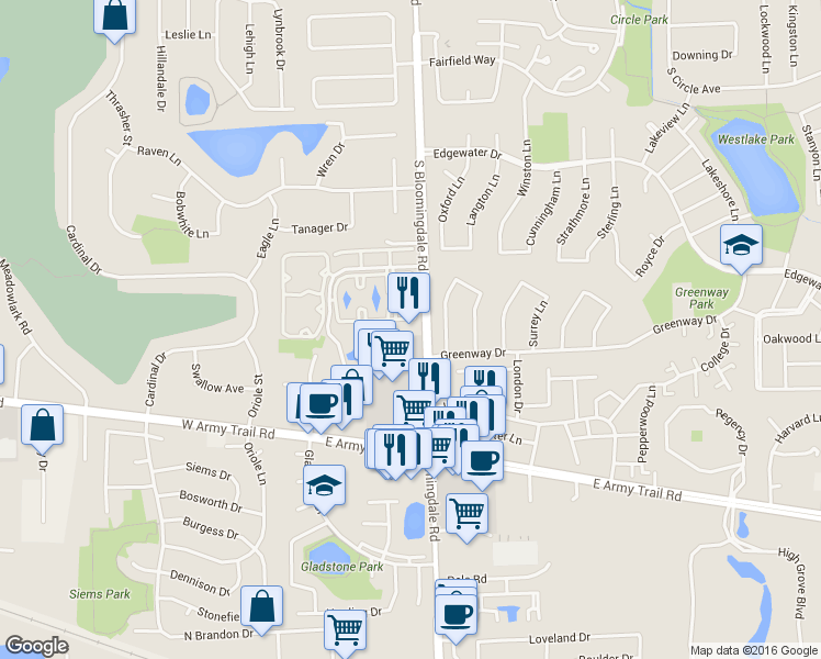 map of restaurants, bars, coffee shops, grocery stores, and more near 2260 Bloomingdale Road in Glendale Heights